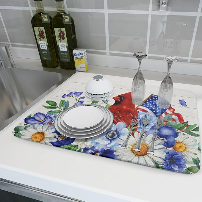 4th of July Dish Drying Mat for Kitchen Counter Cardinal Patriotic Flowers Microfiber Absorbent Dish Draining Reusable Washable Foldable Extra Large 18"x24"