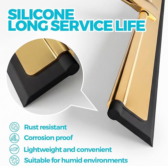ALFLOD 2pcs Shower Squeegee for Glass Doors with Adhesive Hanging Hook Set | 12” gold, bathroom accessories, window cleaner, new home essentials, soft rubber blade, metal handle, ergonomic grip