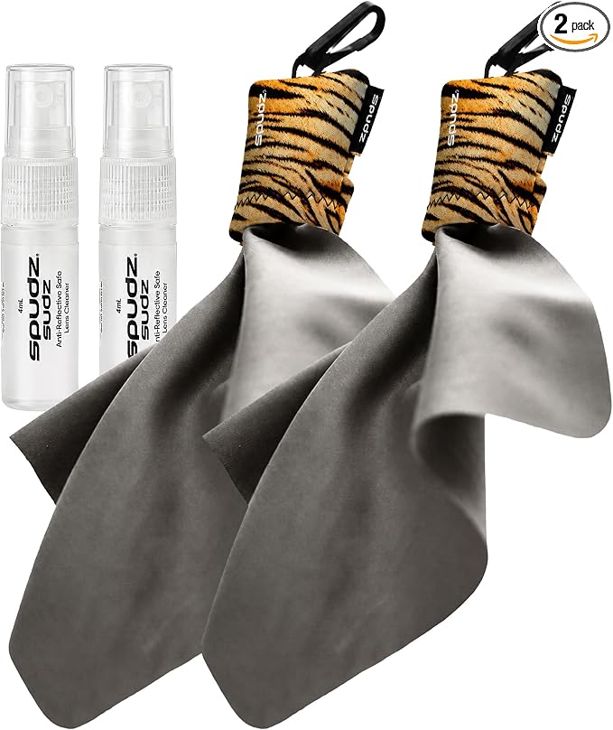 SPUDZ Ultra Microfiber Lens Cleaner with Closeable Bottom – Clip-On Pouch, Washable – for Binoculars, Scopes, Glasses, Screens | Ultra Tiger, 6 x 6 Inch (2-Pack)