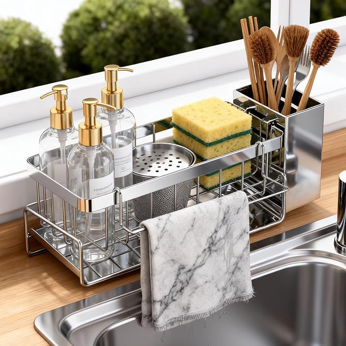 HoMaNa Sponge Holder for Kitchen Sink, Stainless Steel Sink Caddy Organizer, 30° Tilt Self-Drainage, Sponge Holder with Dish Brush Holder, Removable Dishcloth Rack for Kitchen Storage Box, Silver
