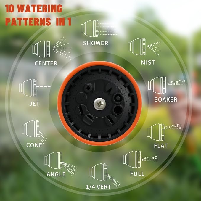 Besiter Garden Hose Nozzle, Hose Sprayer Nozzle with 10 Spray Patterns, Thumb Control On Off Valve, High Pressure Metal Water Hose Nozzle for Car Wash, Plants, Pets & Outdoor Cleaning, Orange