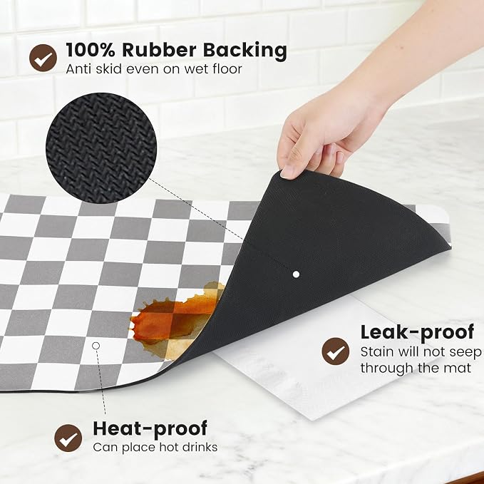 Checkered Dish Mat for Kitchen Coffee Station, 16" x 24" Grey | Quick Drying & Absorbent Mat for Coffee Bar Espresso Machine Countertops Accessories