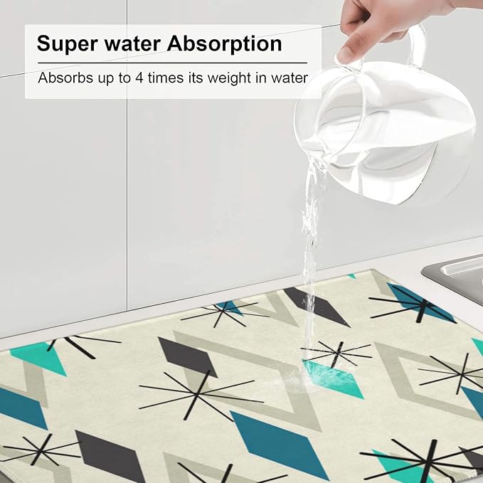 Vintage Mid Century Geometic Dish Drying Mat For Kitchen Counter, Super Absorbent Microfiber Dish Drying Pad, Kitchen Gadgets For Easy Clean Multi-Use Large 18"x24"