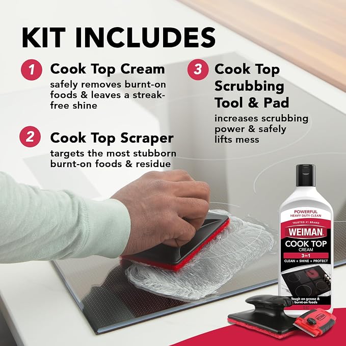 Weiman Glass & Ceramic Cooktop, Stove Top & Oven Cleaner Kit – Kitchen Cleaner Cream, 3 Scrubbing Pads & Scraper for Burnt-On Food & Grease, Clean Shine - Safe for Induction, Electric & Gas Cooktops