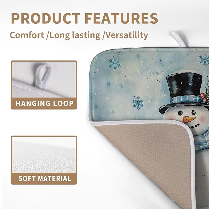 Blue Snowman Snowflake Christmas Dish Drying Rack - 16x18 Inch Absorbent Microfiber Mat for Home Coffee Bar