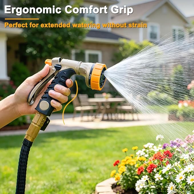 FANHAO Metal Garden Hose Nozzle Heavy Duty, Rear Trigger Water Sprayer | 7 Adjustable Spray Patterns, Flow Control, Hands-Free Lock, Ergonomic Anti-Slip Soft Grip Water Nozzle for Garden, Car & Pet