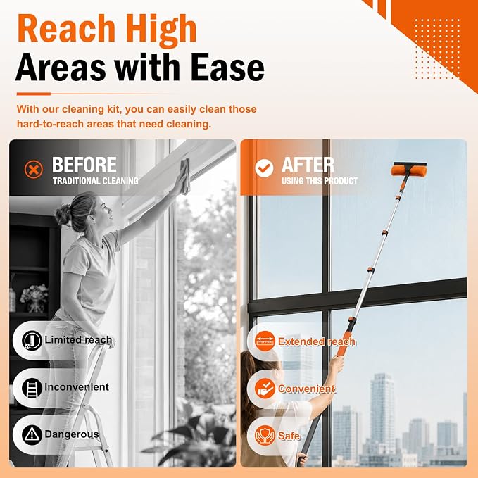 LAANPOLE 20FT High Reach Duster Cleaning Kit with Extension Pole, High Ceiling Fan Cleaner Duster Tool for Fan Blades, Window Washing Kit with Microfiber Feather Duster & Window Squeegee