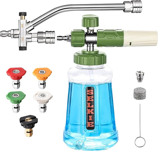 Selkie Foam Cannon with Double Tip Attachment,Adjustable Pressure Washer Foam Blaster with with Dual-Connector Accessory,5 Power Washer Sprayer Nozzles, 1/4" Quick Connect, 3600 PSI
