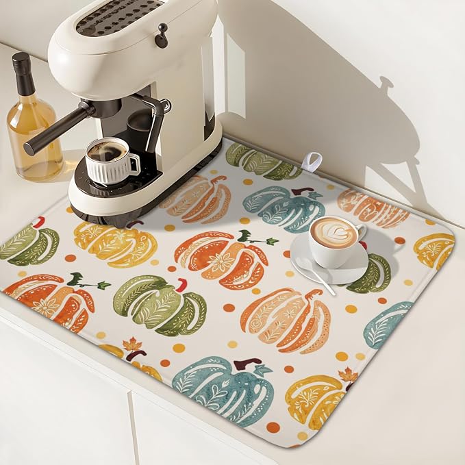 Fall Dish Drying Mat for Kitchen Counter 16 x 18 Inch Colorful Pumpkin Dish Drainer Mat Absorbent Microfiber Autumn Thanksgiving Harvest Dish Rack Pad for Coffee Dining Bar Decor