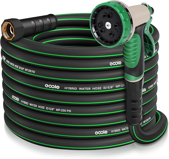 Garden Hose 50 ft x 5/8" with Nozzle, Water Hose Heavy Duty Flexible, Lightweight Kink-less Hybrid Hose with Swivel Handle, Male to Female Fittings