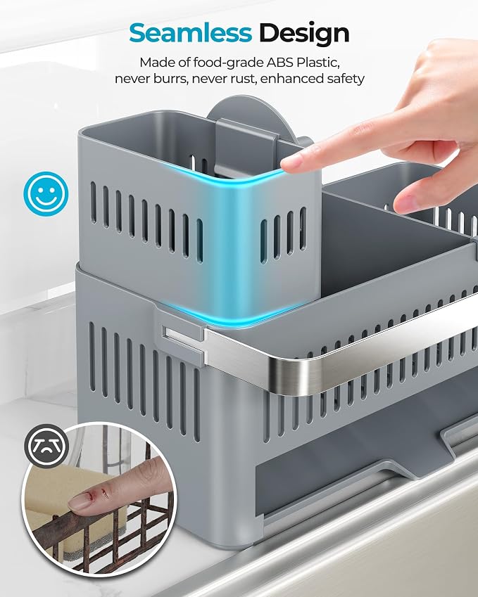 Nieifi Sponge Holder – Grey ABS Rust Sink Caddy with Towel Rack, 10.12" | Smiley sponge & brush holders with drainage to keep items dry. 4.5-inch depth. Kitchen counter organizer & essential storage.