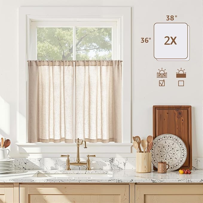 jinchan Linen Kitchen Tier Curtains, 38x36, 2 Panels, Natural | Light filtering, linen blend, rod pocket, farmhouse style, rustic decor, kitchen, bathroom, laundry room, RV, small windows