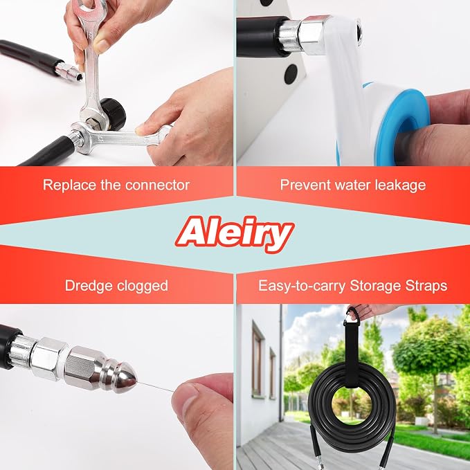 Sewer Jetter Kit for Pressure Washer,Water Jet Drain Cleaning Hose with Corner Rotating Button Spring Nose 1/4" NPT Sewer Cleaning Tool High-Pressure Nozzles,5800 PSI 100 FT
