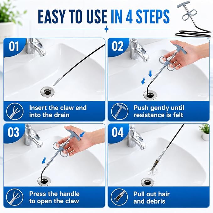 61 Inch Drain Snake Upgraded Ergonomic Grip – Toilet Snake Flexible Grabber Claw for Clog Remover & Pick Up Small Items