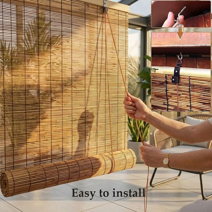Bamboo Patio Shades Light Filtering Outdoor Roll Up Shades, Bamboo Porch Blackout Roller Blinds 36 48 72 84 62 inches Long Sunshade Window Treatment for Home Decor, Cordless(30" W x 36" H)