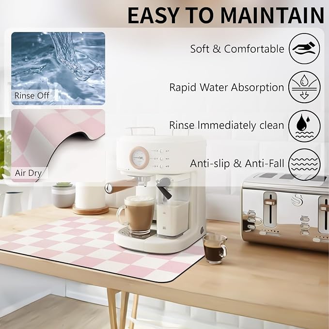 Dish Drying Mat for Kitchen Counter,16"x 24" Super Absorbent Kitchen Dish Drying Pad, Heat Resistant Drainer Mats with Non-slip Rubber Backed, Pink Checkered Coffee Bar Station Accessories