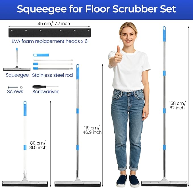 Aodaer Squeegee for Floor Scrubber with Extendable Telescopic Pole Handle | with 2 Pairs Extra Replacement EVA Blades Clip Heavy Duty Household Rubber Broom for Garage, Courtyard, Pool, Tile Bathroom