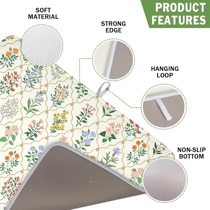 Floral Dish Drying Mat for Kitchen Counter Spring Summer Wild Flowers Diamond Pattern Microfiber Dish Drainer Mat Rustic Absorbent Washable Drying Pad 16"x18"