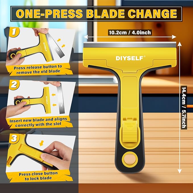 DIYSELF Floor Scraper with 10 Extra 4" Razor Blades, Razor Scraper Tool | Razor Scraper Tool for Cleaning, Glass Stove Top Scraper, Window Scraper, Paint, Cooktop, Oven Scraper, Yellow