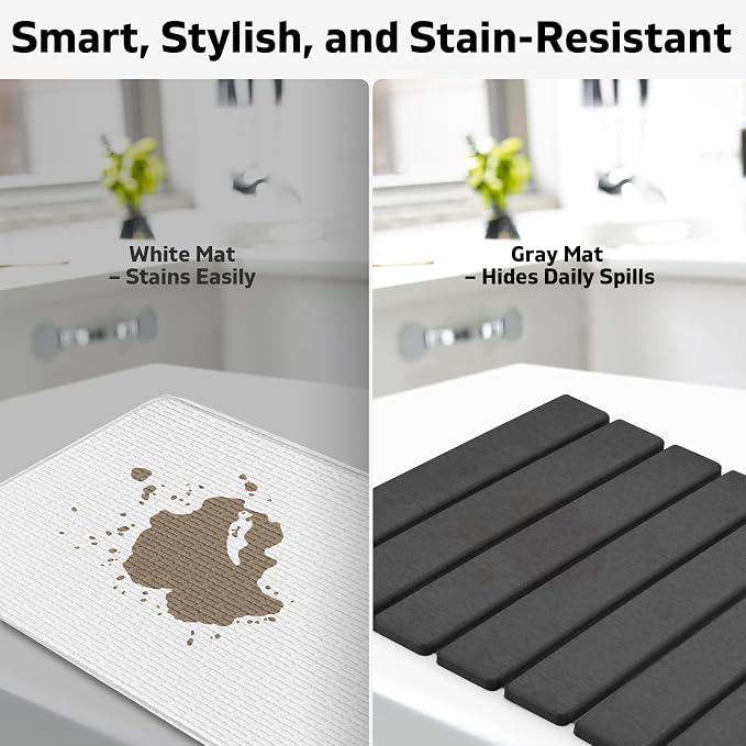 Large Stone Dish Drying Mat for Kitchen Counter, Quick Dry Dish Drying Mats, Foldable Absorbent Diatomaceous Earth Mats for Plate Rack Bottles Cups, Match Any Countertop (Dark Gray 24"×16" & 8"x4")