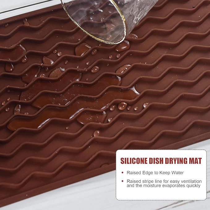 Silicone Dish Drying Mat, Non-Slip Easy Clean Sink Mat Large Heat-resistant Dish Drainer Mat for Kitchen Counter, Sink, Refrigerator or Drawer liner (12" x 6", COFFEE)