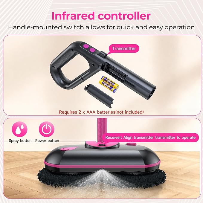 Cordless Electric Mop, Electric Spin Mop with Water Sprayer, Powerful Floor Cleaner, 300ml Tank Self-Propelled for Hardwood & Tile, Adjustable Handle, 2500mAh Long-Lasting Battery, Pink