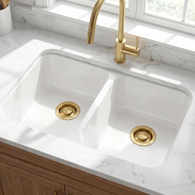 LQS Kitchen Sink Garbage Disposal Flange and Sink Stopper, fit 3-1/2 Inch Standard Sink Drain Hole Color Golden