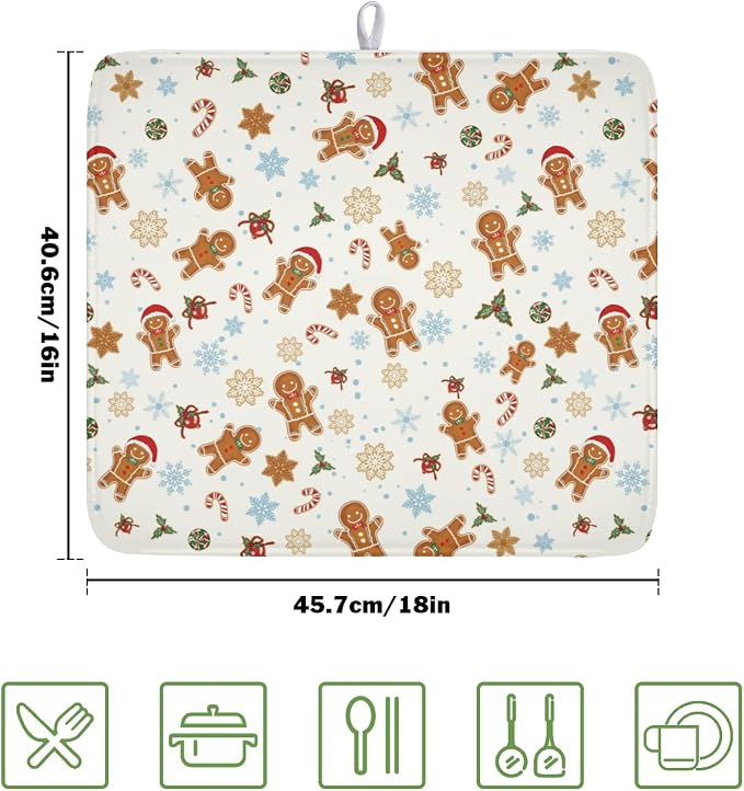 Christmas Gingerbread Man Dish Drying Mat 16x18 Inch Xmas Snowflake | Winter，Polyester，Absorbent Microfiber，for Kitchen Coffee Dining Bar Decor