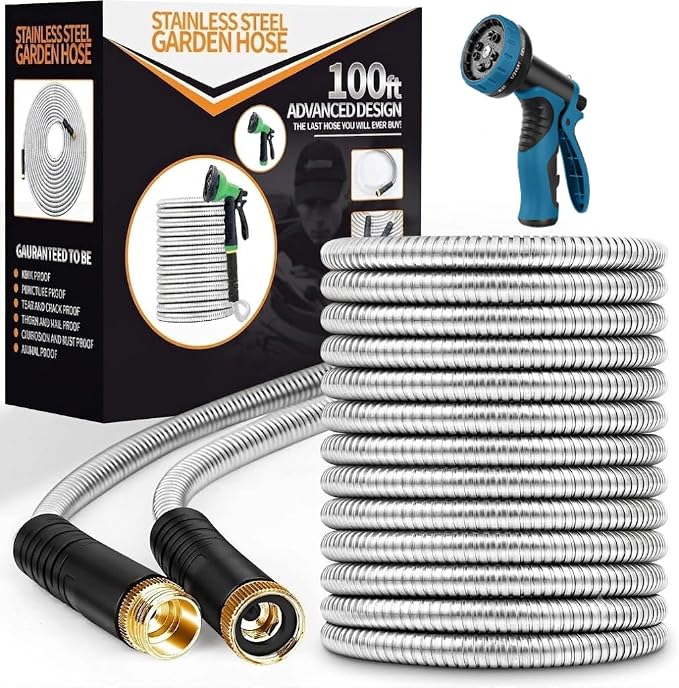 Unywarse Garden Hose 100ft, Stainless Steel Heavy Duty Water Hose with 10 Function Nozzle Flexible, Lightweight, No-Kink, Pet Proof, Puncture Proof Metal Hose for Yard, Outdoor