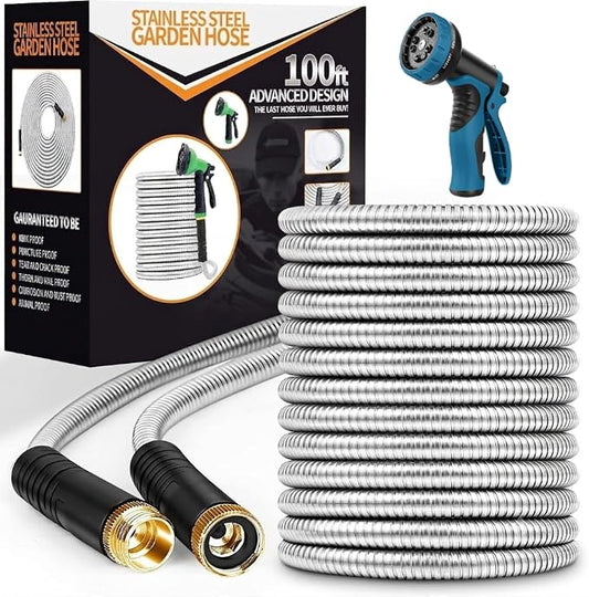 Unywarse Garden Hose 100ft, Stainless Steel Heavy Duty Water Hose with 10 Function Nozzle Flexible, Lightweight, No-Kink, Pet Proof, Puncture Proof Metal Hose for Yard, Outdoor