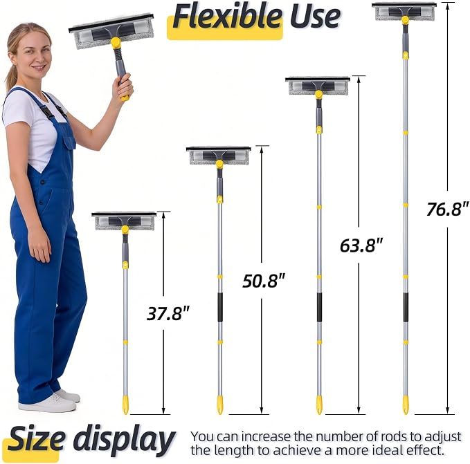 Masthome 77" Squeegee for Window Cleaning | 2-in-1 Window Cleaning Kit, 180° Lockable Rotating Head, Adjustable Pole for High Window
