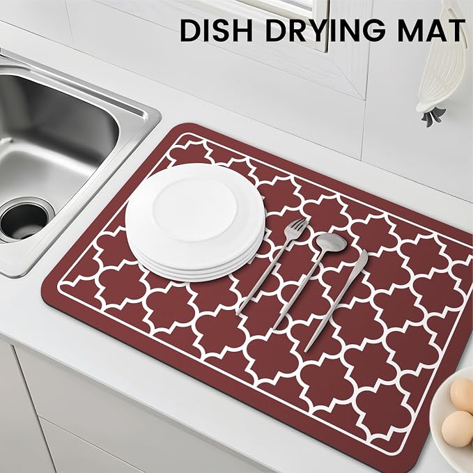 WISELIFE Dish Drying Mat Super Absorbent Drying Mat Large Dish Drying Mats for Kitchen Counter Easy Clean Dish Mat Kitchen Drying Mat16"x 24" Stylish Red