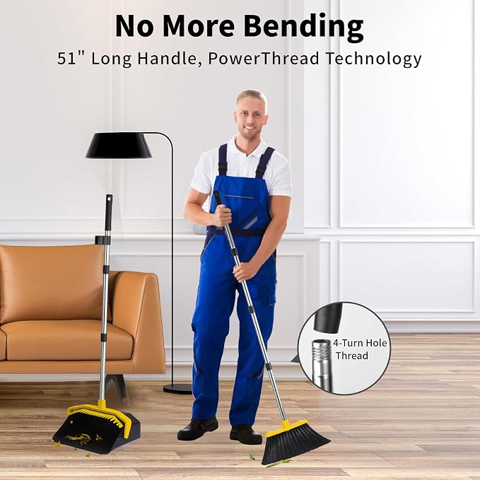 Broom and Dustpan Set for Home, 51" Long Handle Standing Pan Black Yellow | Self-Cleaning Dust Pan and Brooms, ZeroGap Lip, Upright Storage Broom Combo for Kitchen Lobby Office Restaurant Indoor