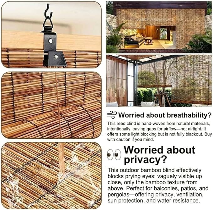 Bamboo Shades for Outdoor Patio Privacy 48" 52" 58" 68" 72" 74" 76" 78" W Light Filtering Bamboo Blinds Outdoor Roll up Shades for Porch Cordless Natural Blackout Bamboo Roller Blinds(26" W x 48" H)