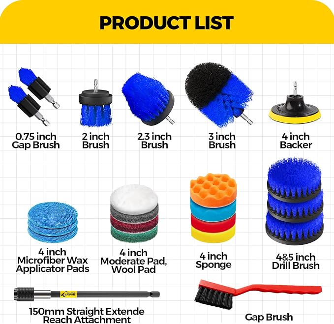 Holikme 22Piece Drill Brush Attachment Set - Power Scrubber Cleaning Kit | Buffing Sponges, Nylon Grout Tools, Microfiber Wax Pads, Tile Bathtub Shower Floors Kitchen Car Interior Detailing, Blue