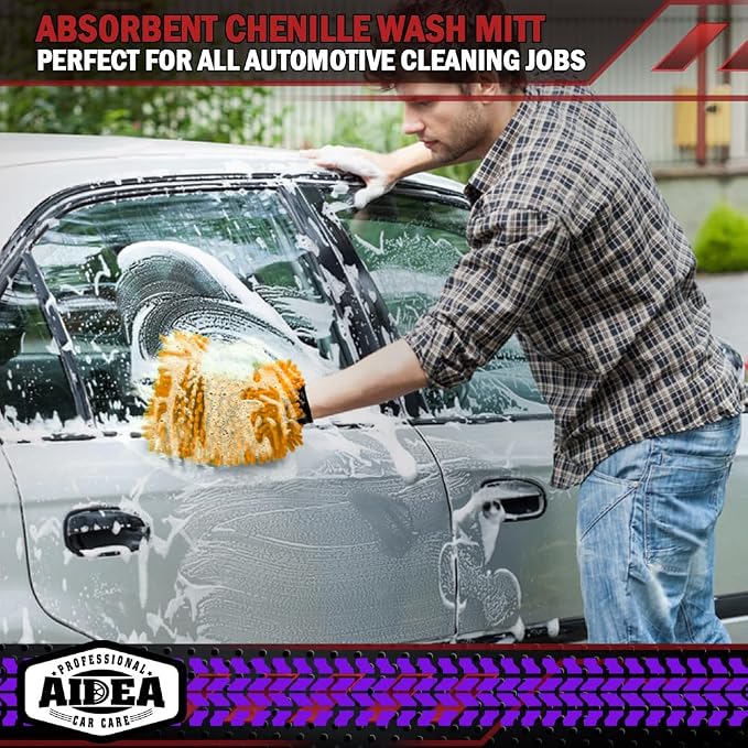 AIDEA Car Wash Mitt Microfiber, 2PK, Car Wash Brush, Orange, 8''X12'' | Scratch Free Lint-Free, Premium Chenille Microfiber Mitt, Cleaning Supplies, Extra Large Size