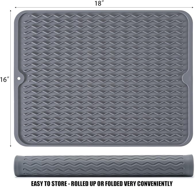 Silicone Dish Drying Mat, Non-Slip Easy Clean Sink Mat Large Heat-resistant Dish Drainer Mat for Kitchen Counter, Sink, Refrigerator or Drawer liner (18" x 16", GREY)