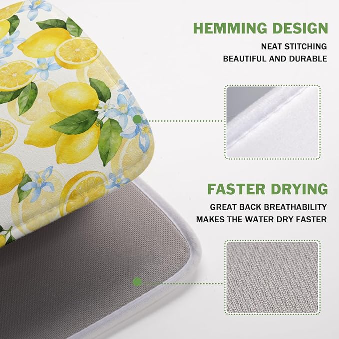 Kawani Lemon Dish Drying Mat 16x18 Inch Absorbent Reversible Summer Drying Mat Floral Lemon Fruits Dish Drying Rack Mat Yellow Summer Themed Dish Drainer Mat for Kitchen Counter Coffee Bar