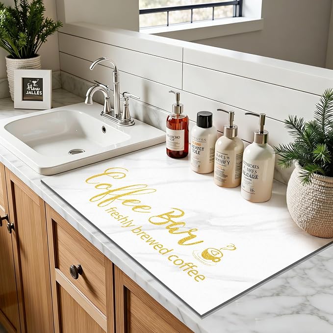 Findosom Dish Drying Mat, 12"x 20" Super Absorbent & Hide Stain Coffee Mat, Cuttable Drying Mat for Kitchen Counter, Coffee Bar Accessories, Under Dish Rack, Coffee Maker, Espresso Machine, White