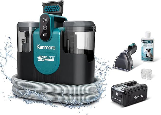 Kenmore 24V Cordless Portable Carpet & Upholstery Spot Cleaner Machine | 16Kpa Power Suction, 55Mins Runtime with Hose Cleaning Tool for Car, Pets, Area Rugs & Couches - KW1090