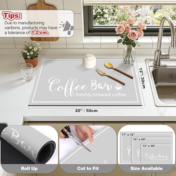 Findosom Dish Drying Mat, 12"x 20" Super Absorbent & Hide Stain Coffee Mat, Cuttable Drying Mat for Kitchen Counter, Coffee Bar Accessories, Under Dish Rack, Coffee Maker, Espresso Machine, LightGrey