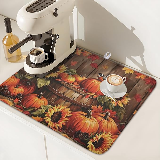 Fall Pumpkin Dish Drying Mat for Kitchen Counter Thanksgiving Autumn Harvest Pumpkin Microfiber Dish Drainer Mat Rustic Farmhouse Absorbent Washable Drying Pad 16"x18"