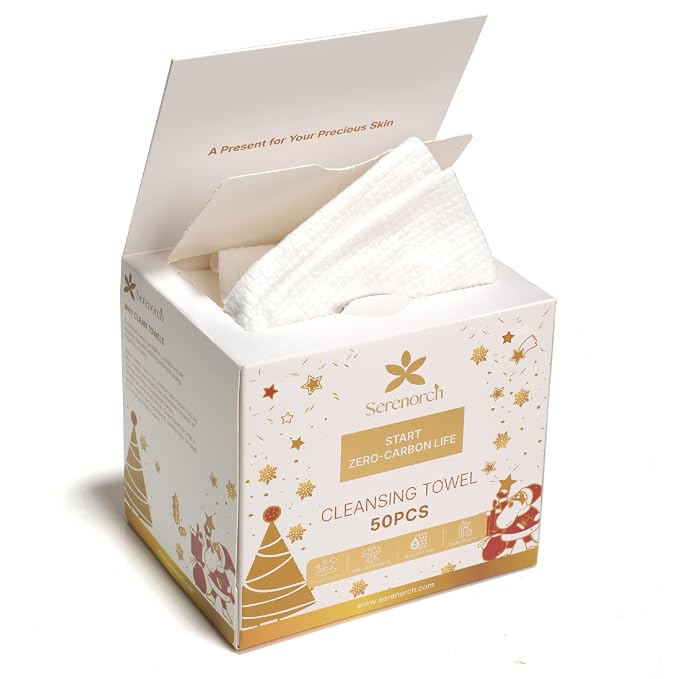 Christmas Disposable Face Towels XL, 50 Count | Ultra Soft Makeup Remover Dry Wipes for Sensitive Skin, Magnetic Gift Box, Stocking Stuffers for Women