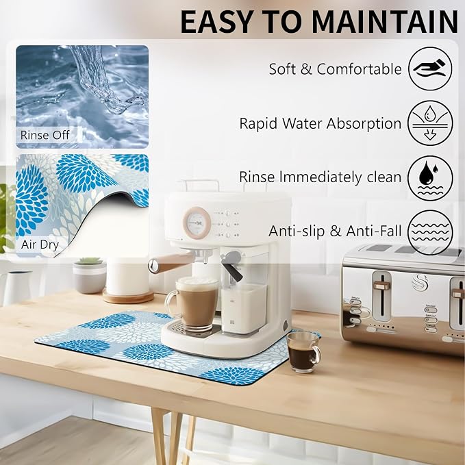 Dish Drying Mat, Dish Mat Drying Kitchen Mat with Rubber Backed, Hide Stain Kitchen Super Absorbent Draining Mat, Easy to Clean Dish Rack Pad for Dishes Countertop (Blue Floral, 12" x 19" )