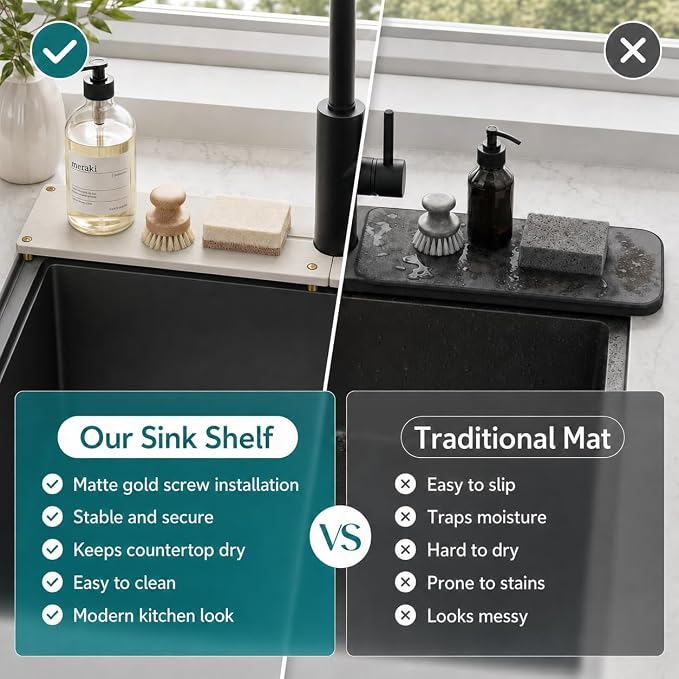 2PCS Stone Faucet Mat for Kitchen Sink, Water Absorbing Sink Tray Organizer for Bathroom Counter, Diatomite Soap Dish Coaster Caddy Riser, Sponge Holder Dispenser Mat, Gold Beige, 23.6" x 4", 1 Set