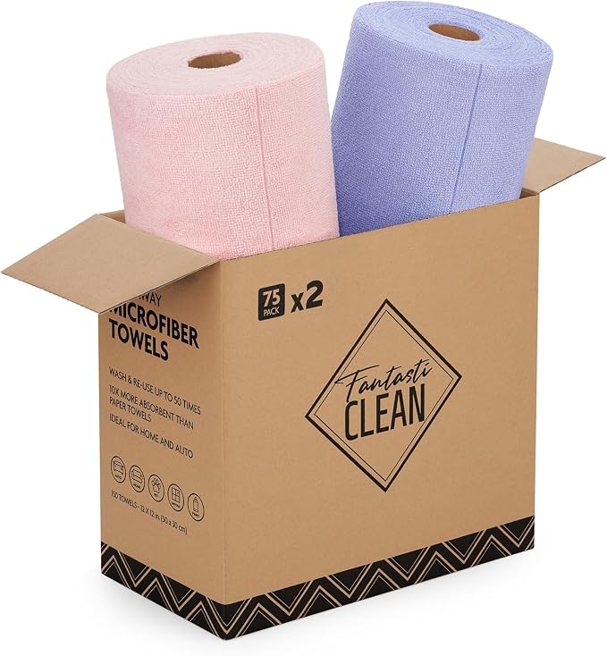 Fantasticlean Microfiber Cleaning Cloth Rolls - 150 Sheets (Pink, Lavender) | 12'' by 12'', Super Absorbent, Lint-free, Tear-away Microfiber Towel Roll, for All-Purpose Cleaning