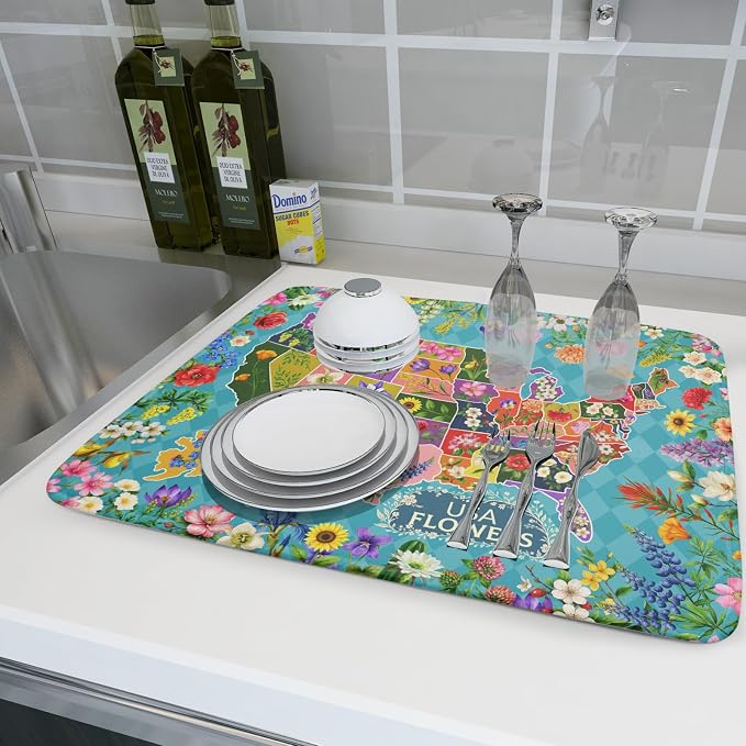 Flower Map Dish Drying Mat Colorful Floral Microfiber Large Dish Drying Pad for Kitchen Counter 18 X 24 In