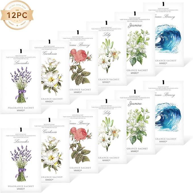 MYARO 12 Pack Assorted Floral Scented Sachets - Lavender, Rose, Jasmine, Ocean, Gardenia & Lily | Drawer, Closet & Car Air Freshener Bags | Multi-Scent Home Fragrance Gift Set