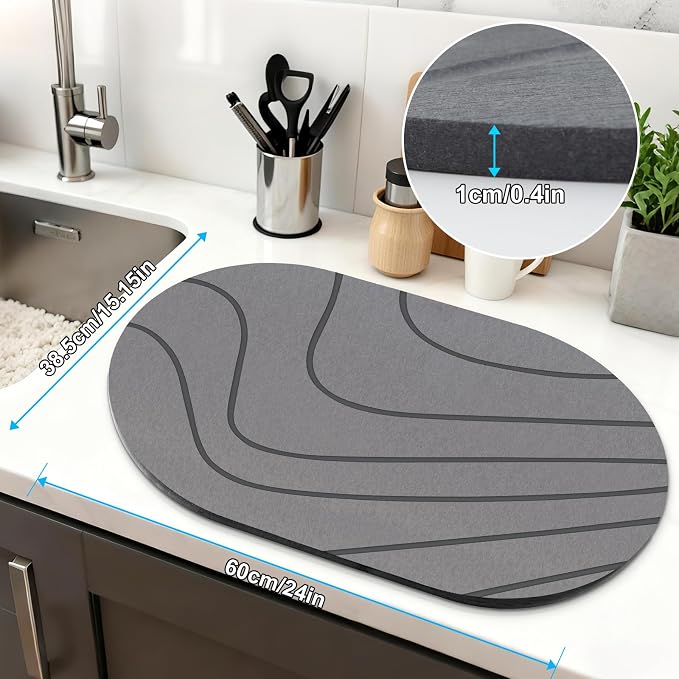24"x16" Large Stone Drying Mat, Oval Diatomaceous Earth Dish Mat | Large fast-drying natural stone mat with curved stripes. Highly absorbent, heat-resistant, eco-friendly board