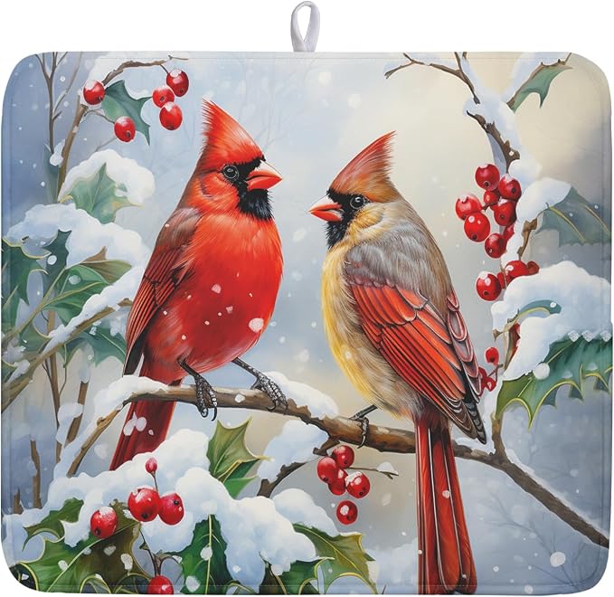 Winter Cardinal Birds Dish Drying Mat, Holly Berry Branches Dish Drying Mat for Kitchen Counter, Red Birds Absorbent Fast Dry Dish Drainer Mat Protector Xmas Microfiber Dish Drying Pad 16x18 Inch